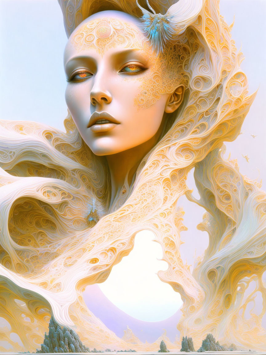 Elaborate golden patterns on serene female figure in surreal portrait