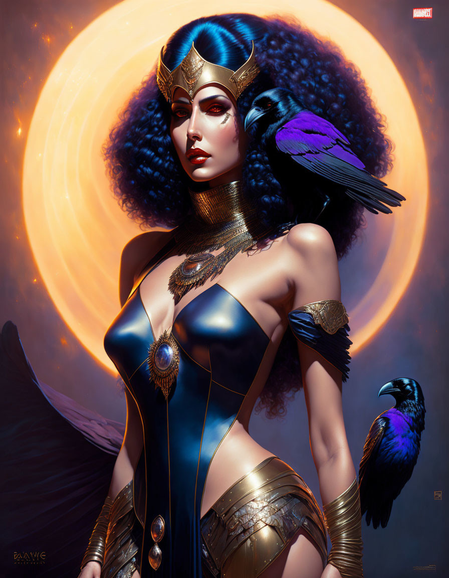 Warrior woman digital artwork with blue and gold armor and crows on orange backdrop.