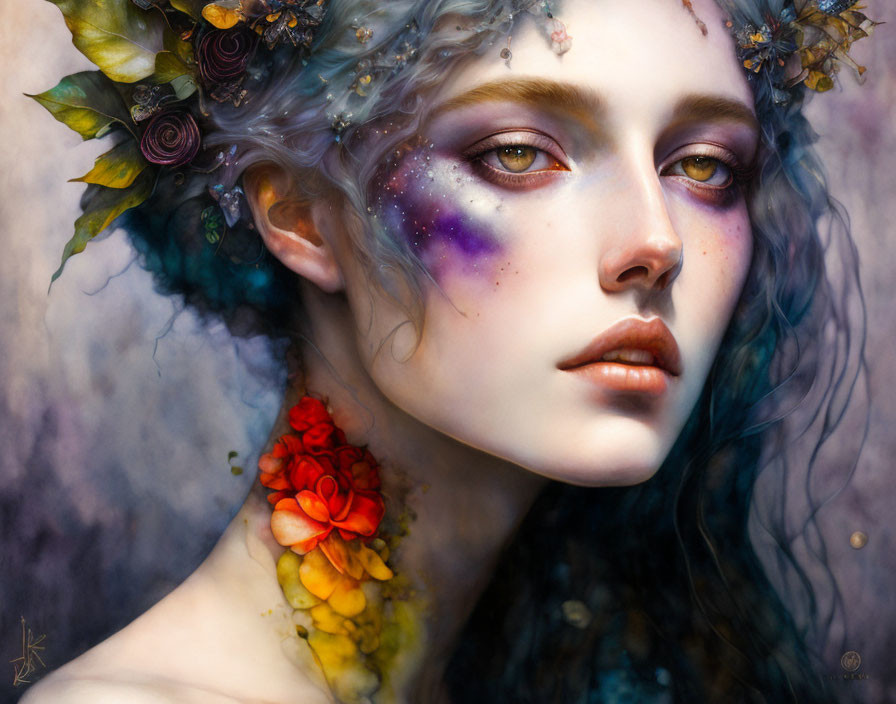 Portrait of mystical woman with galaxy-inspired makeup and floral adornments