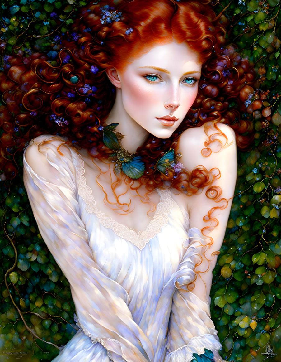 Portrait of Woman with Red Hair, Blue Eyes & White Dress