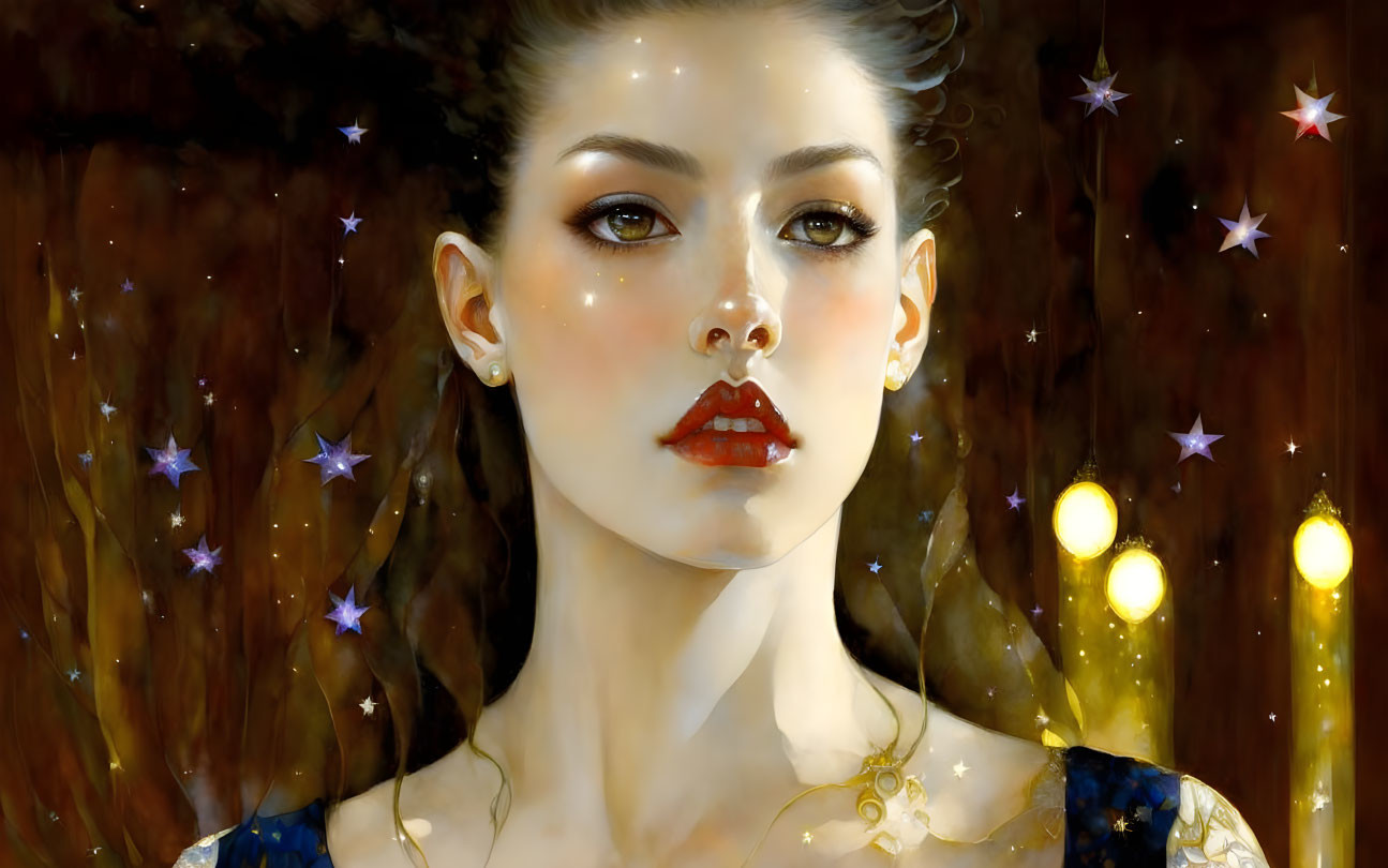 Woman portrait with glowing stars and candles on dark background