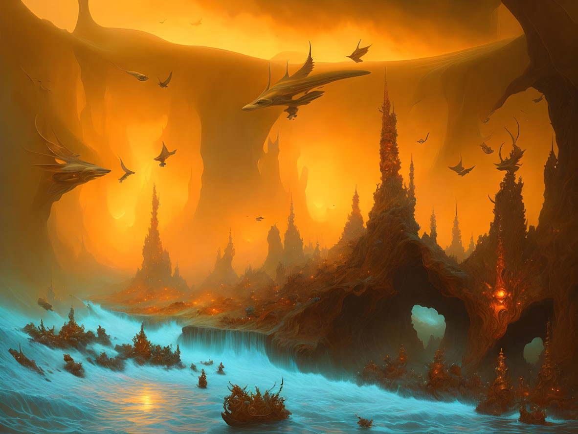 Fantastical landscape with floating fish-like creatures and coral-like structures