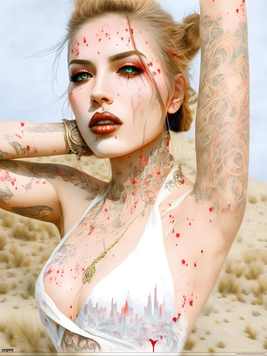 Digital Artwork: Woman with Tattoos, Green Eyes, and Red Marks in White Top, Desert