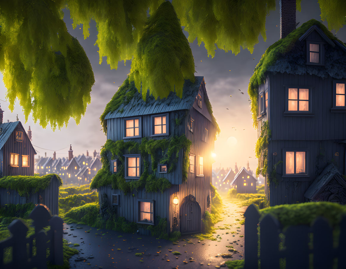 Charming houses with green roofs under tree canopy at sunrise or sunset