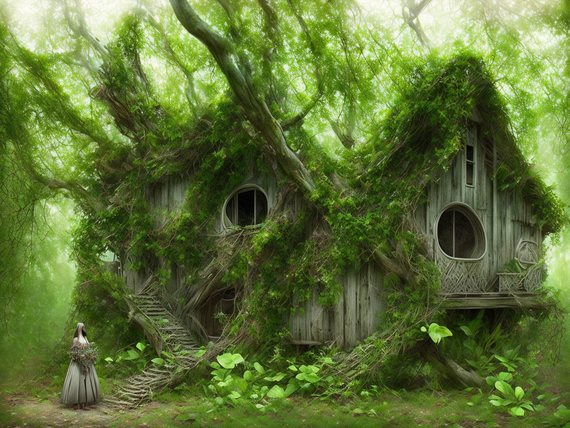 Mystical forest scene with woman in period dress by greenery-covered house