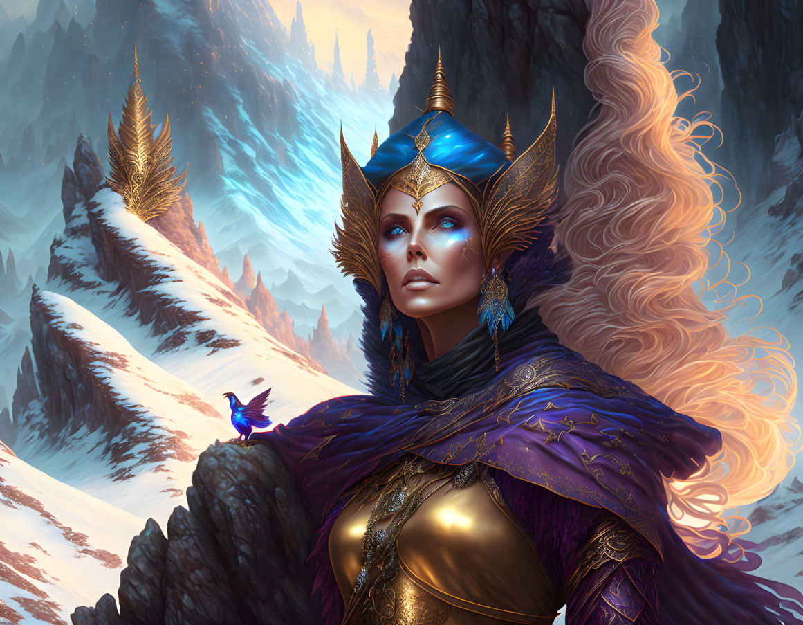 Golden-armored fantasy figure in snowy mountain landscape with blue cape and bird