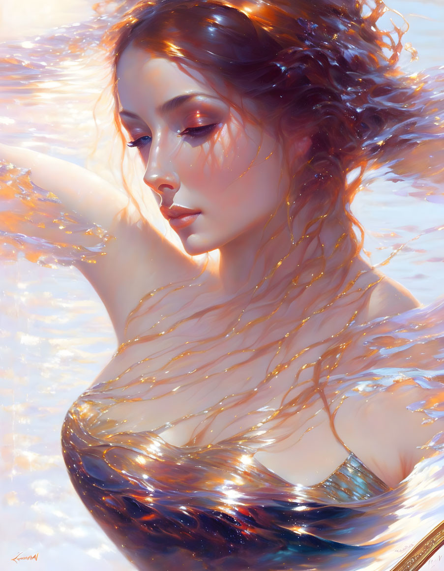 Ethereal portrait of woman with flowing hair and sunlit ambience