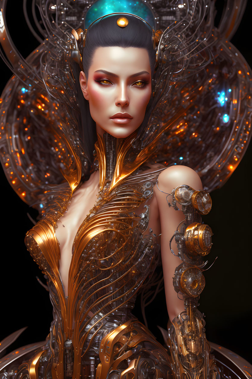 Futuristic woman in metallic gold and silver attire on dark background