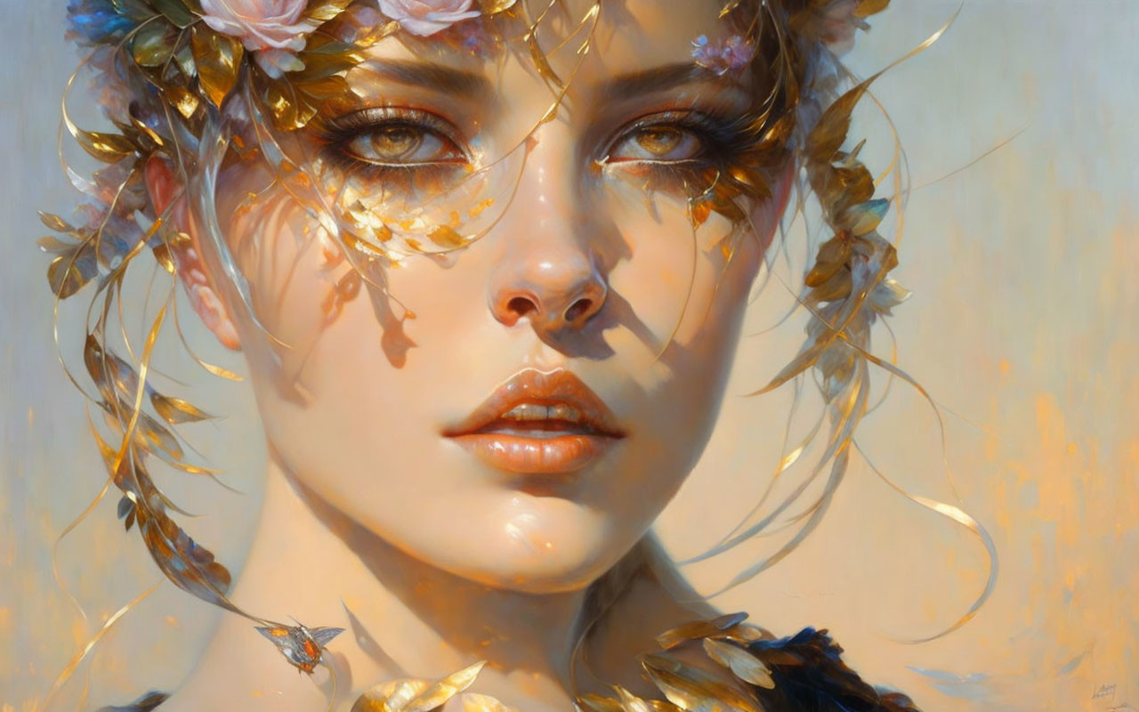 Portrait of Woman with Floral and Golden Leaf Crown in Soft-focus Background
