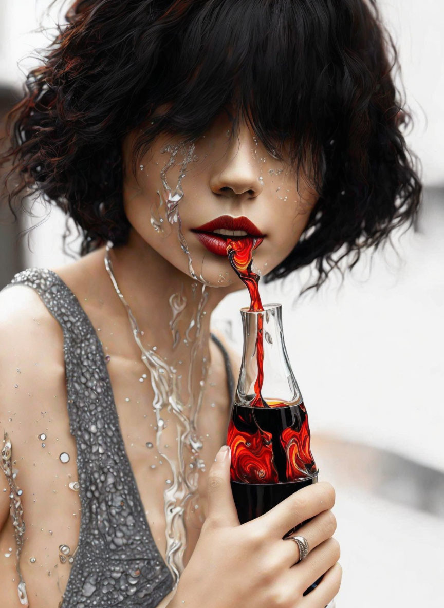 Curly-haired woman in sequined outfit drinking red liquid from bottle