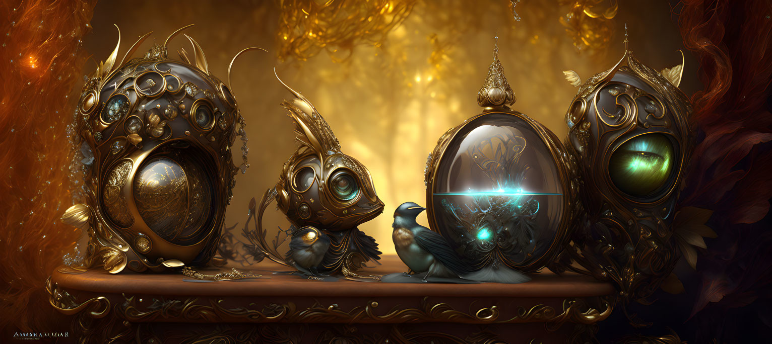 Three ornate mechanical bird sculptures with glowing eyes and a pocket watch on a luxurious golden background.