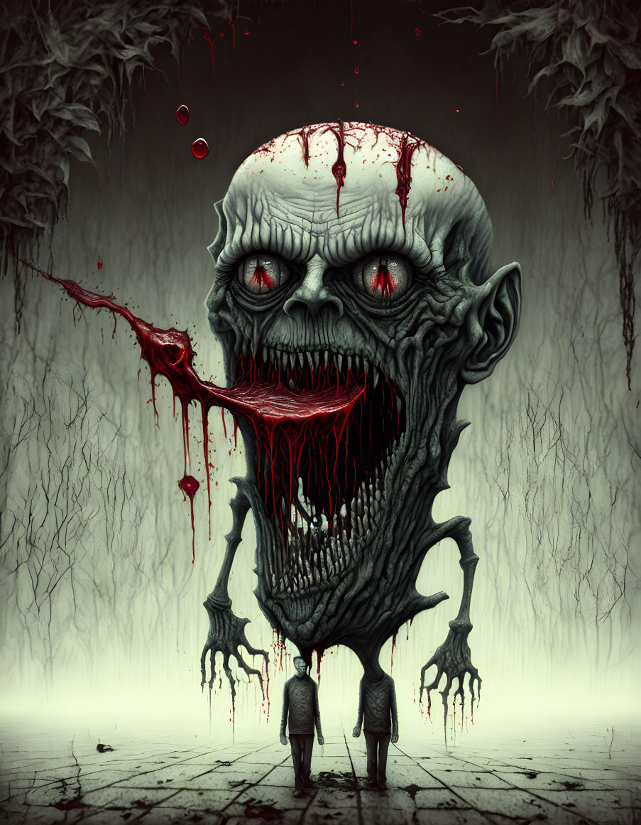 Sinister skull-faced monster with red eyes in dark forest