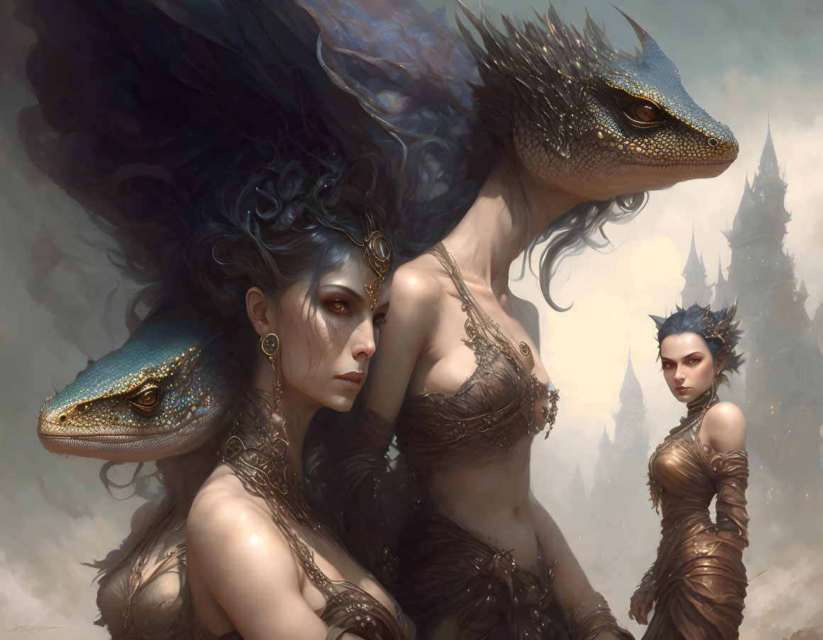 Fantasy Artwork: Two Women with Dragon Features and Majestic Dragons in Misty Castle Scene