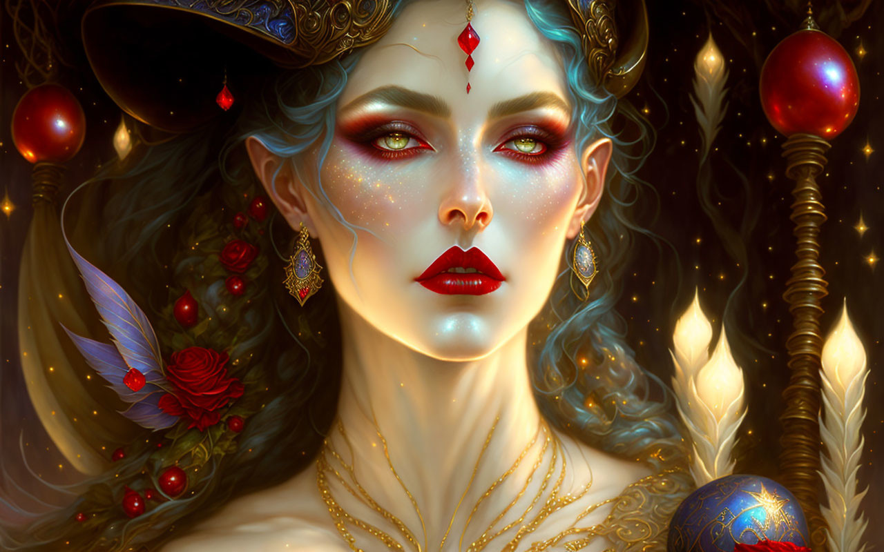Fantasy portrait featuring woman with red jewels, gold headdress, candles, and celestial motifs