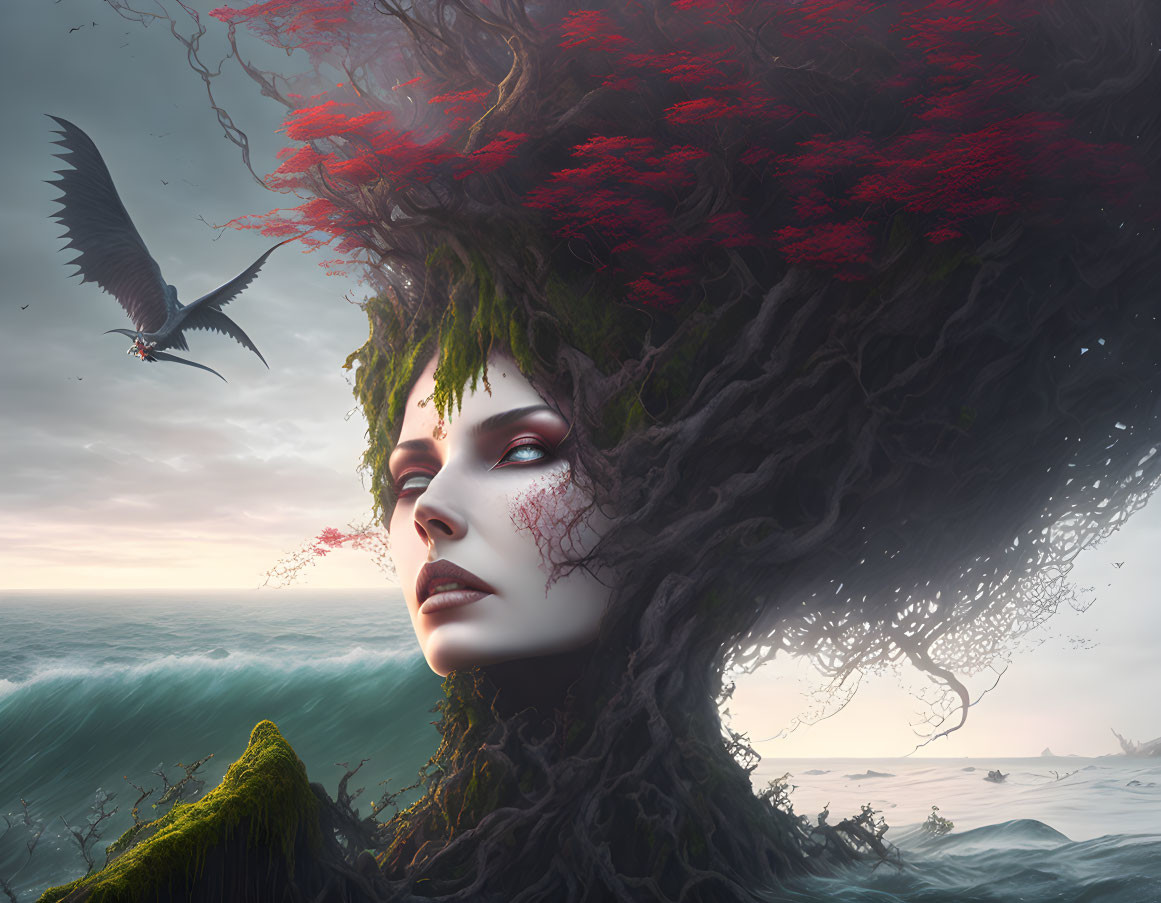 Surreal illustration blending woman's face with tree, red blossoms, sea view, bird.