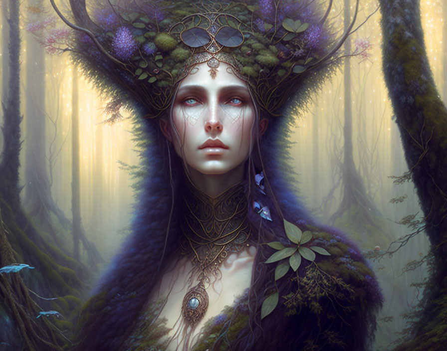 Elaborate Headdress Female Figure in Ethereal Forest