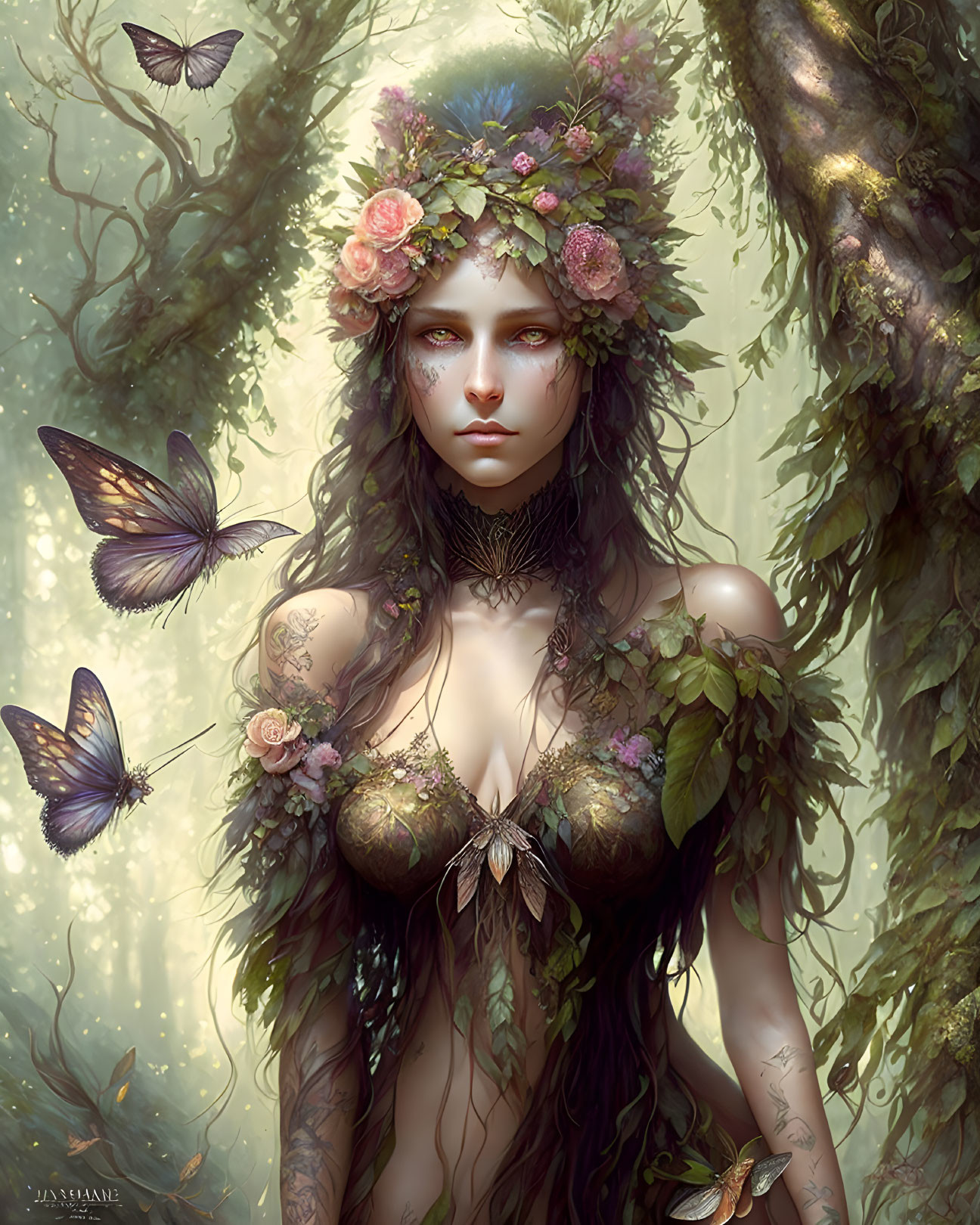 Mystical woman with floral crown and butterflies in serene forest