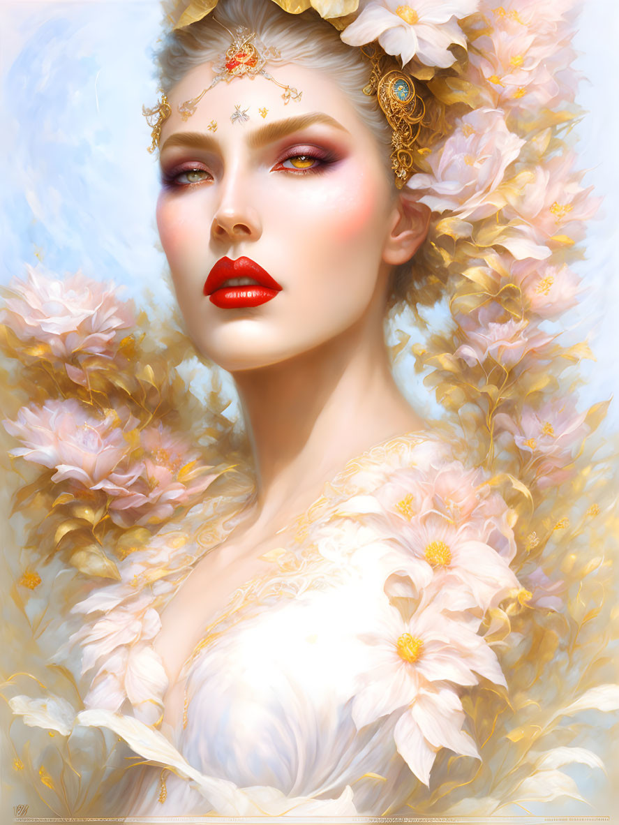 Illustration of woman adorned in golden jewelry and red lipstick among soft pink and golden flowers.