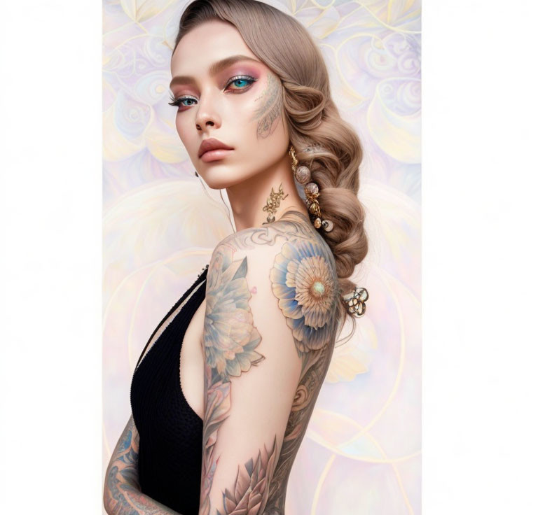 Woman with Floral Tattoos and Striking Makeup on Pastel Background