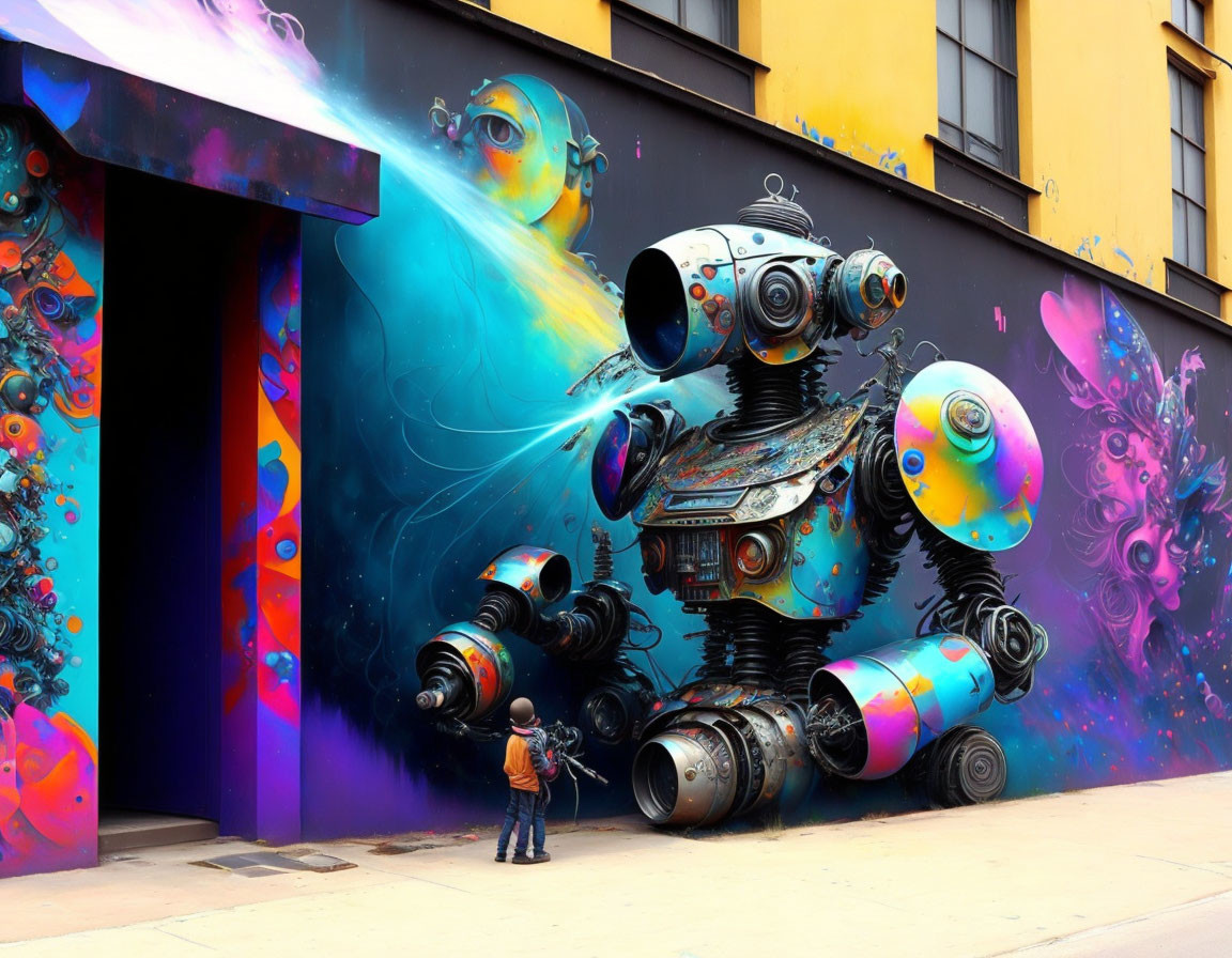 Elaborate robot and child mural with cosmic explosion