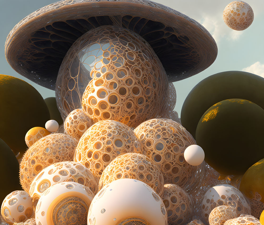 Surreal landscape with intricate spherical structures and mushroom-shaped object.