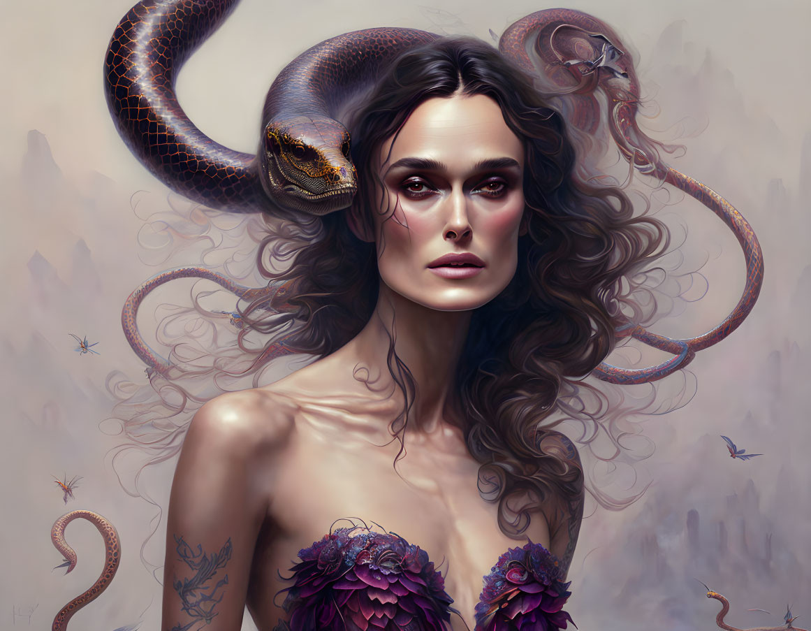 Digital artwork: Woman with striking features among serpents in mystical setting