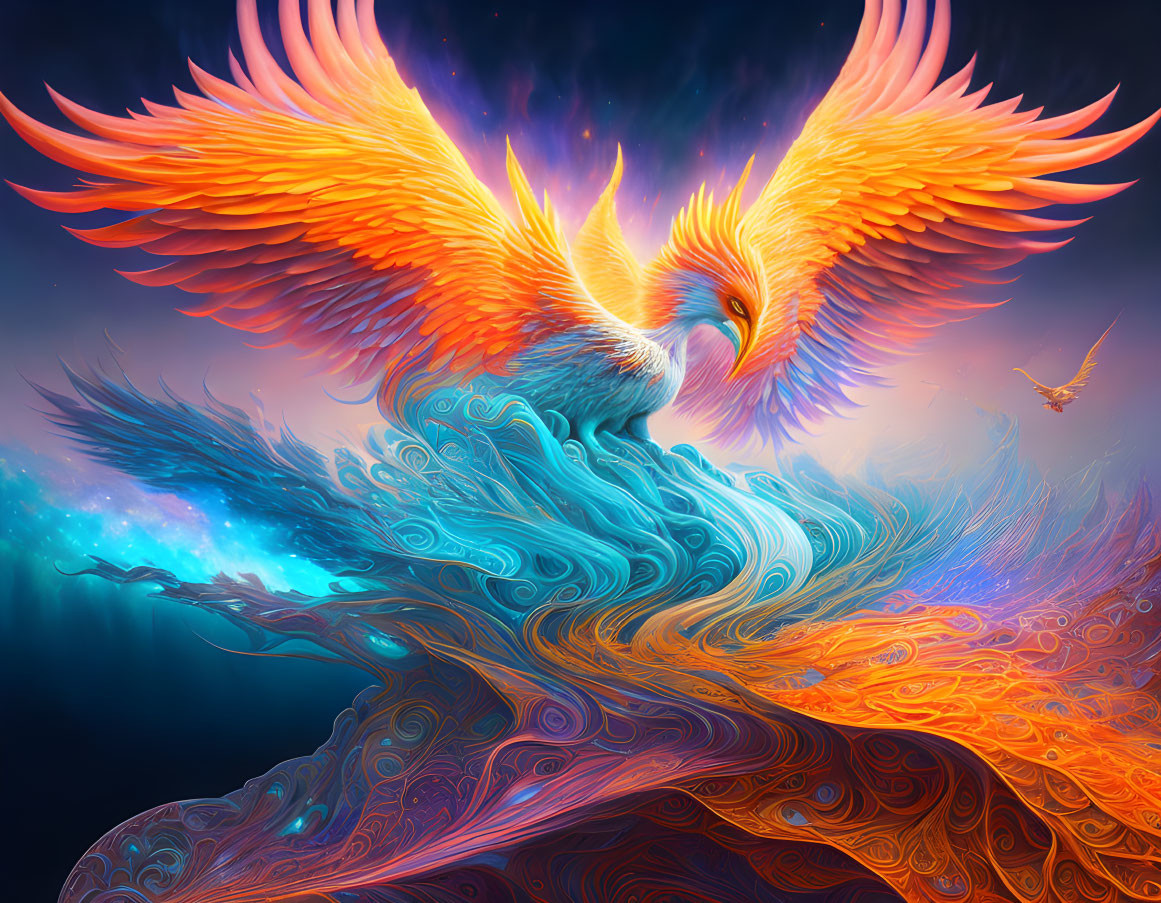Fiery Phoenix Flying with Orange and Yellow Wings