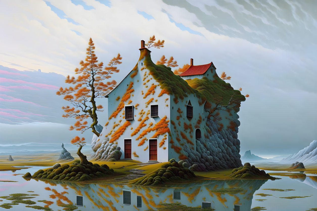 Surreal house on hill in autumn landscape with dramatic sky