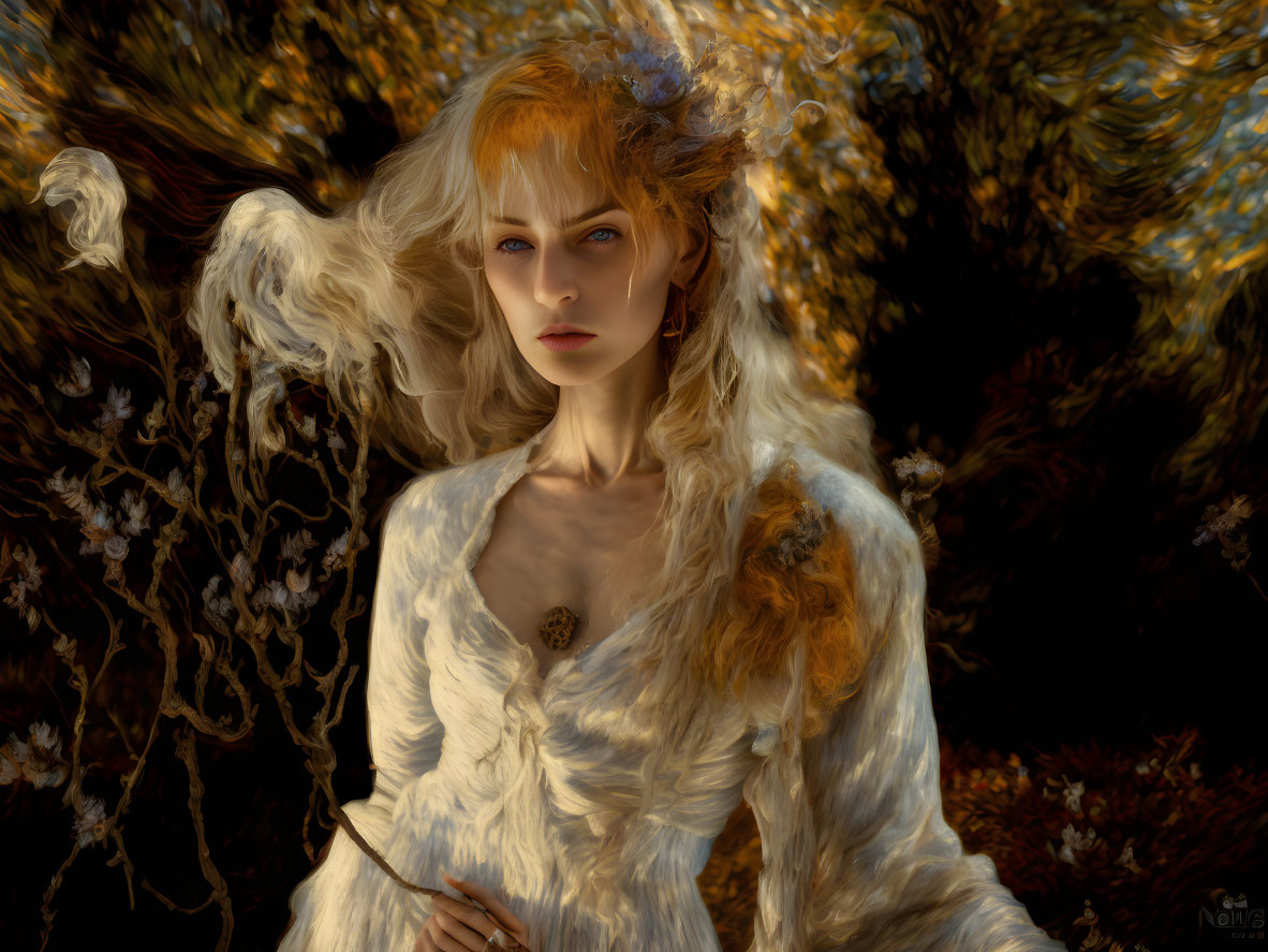 Woman portrait with flowing hair and white dress in autumnal setting