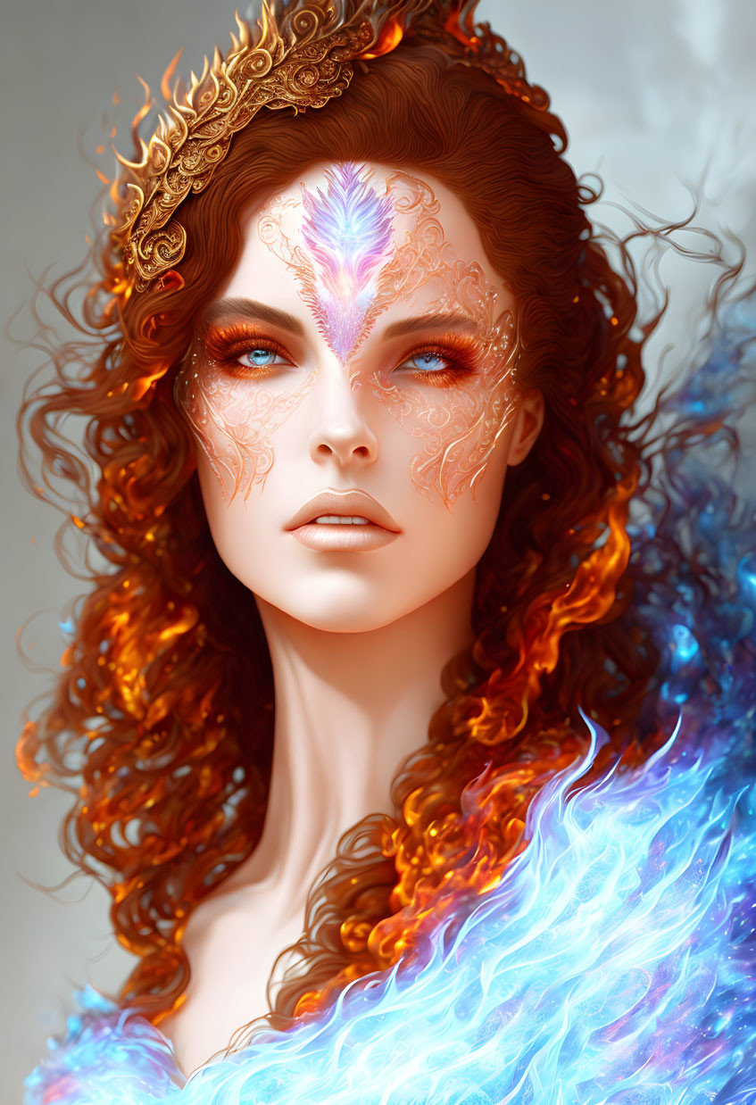 Vibrant digital artwork of woman with red hair and glowing mark