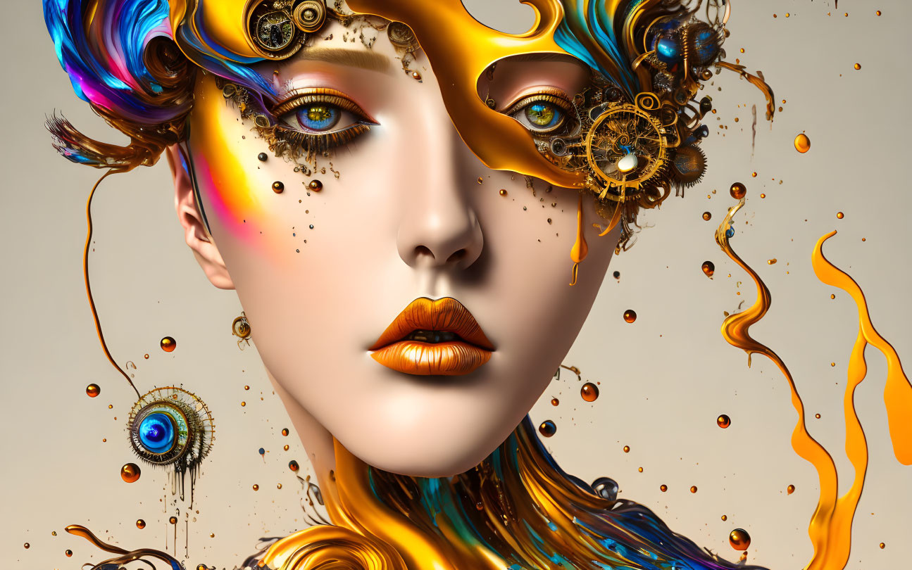 Surreal portrait of woman with golden gears and orange paint splashes