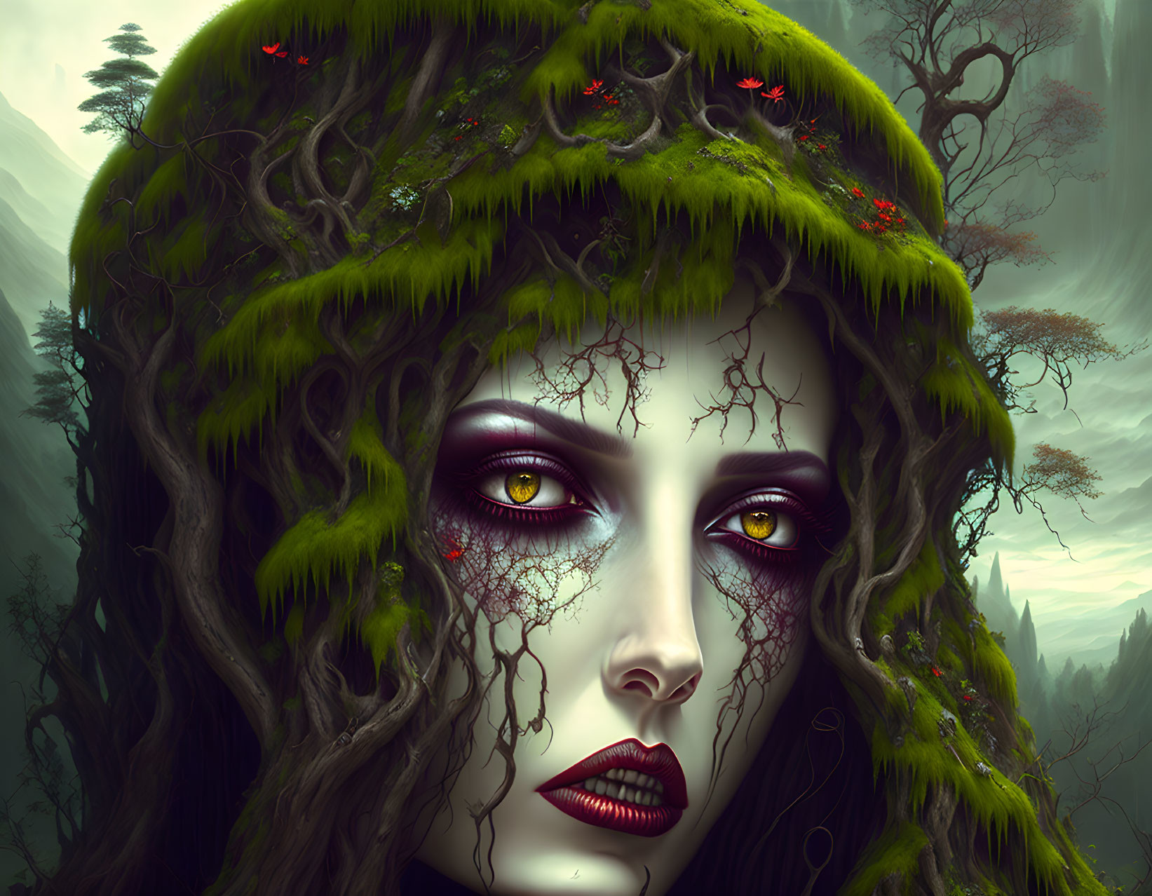 Portrait of a Woman with Nature Elements: Green Foliage Hair, Red Flowers, Branch-like Details