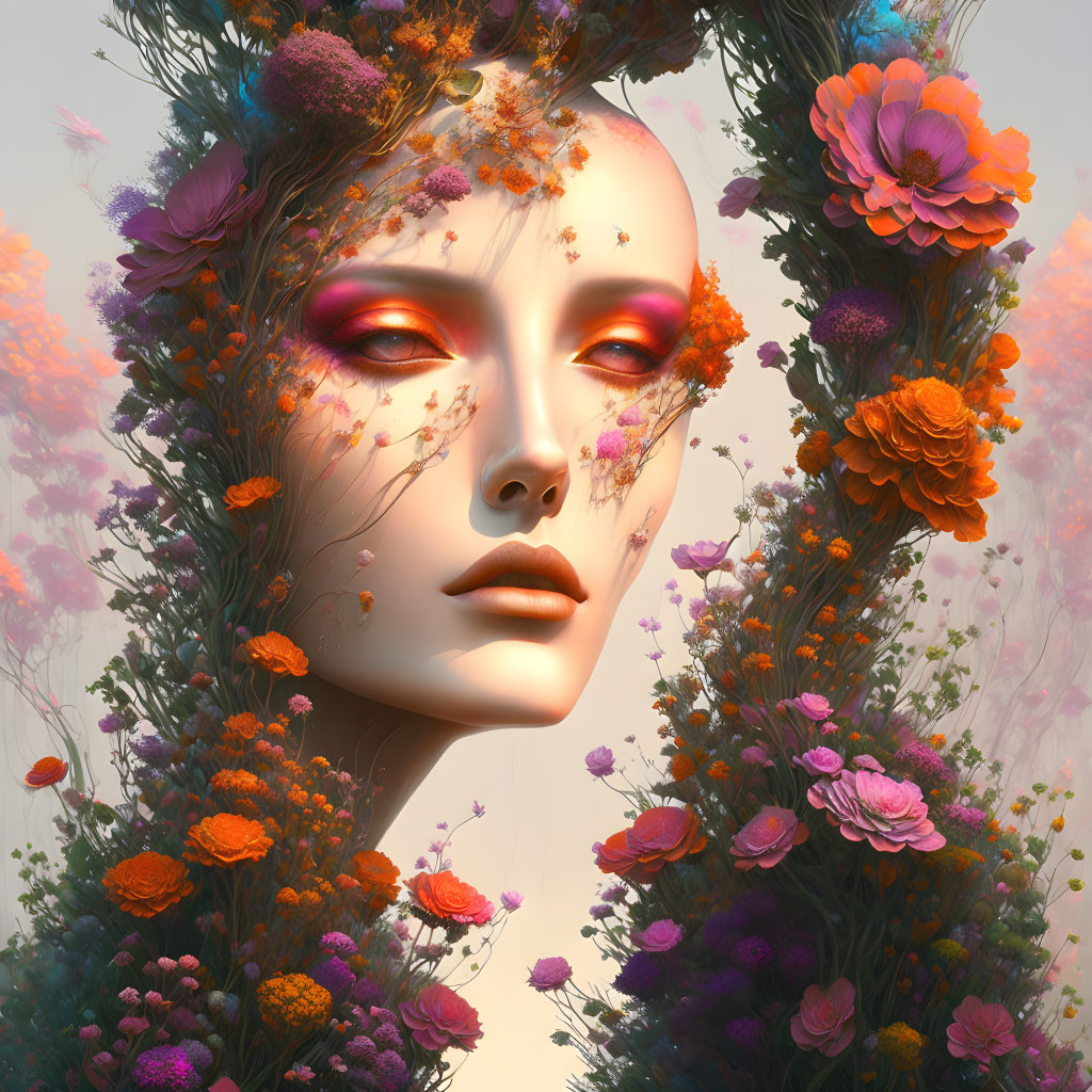 Surreal portrait of female figure with vibrant flowers and foliage