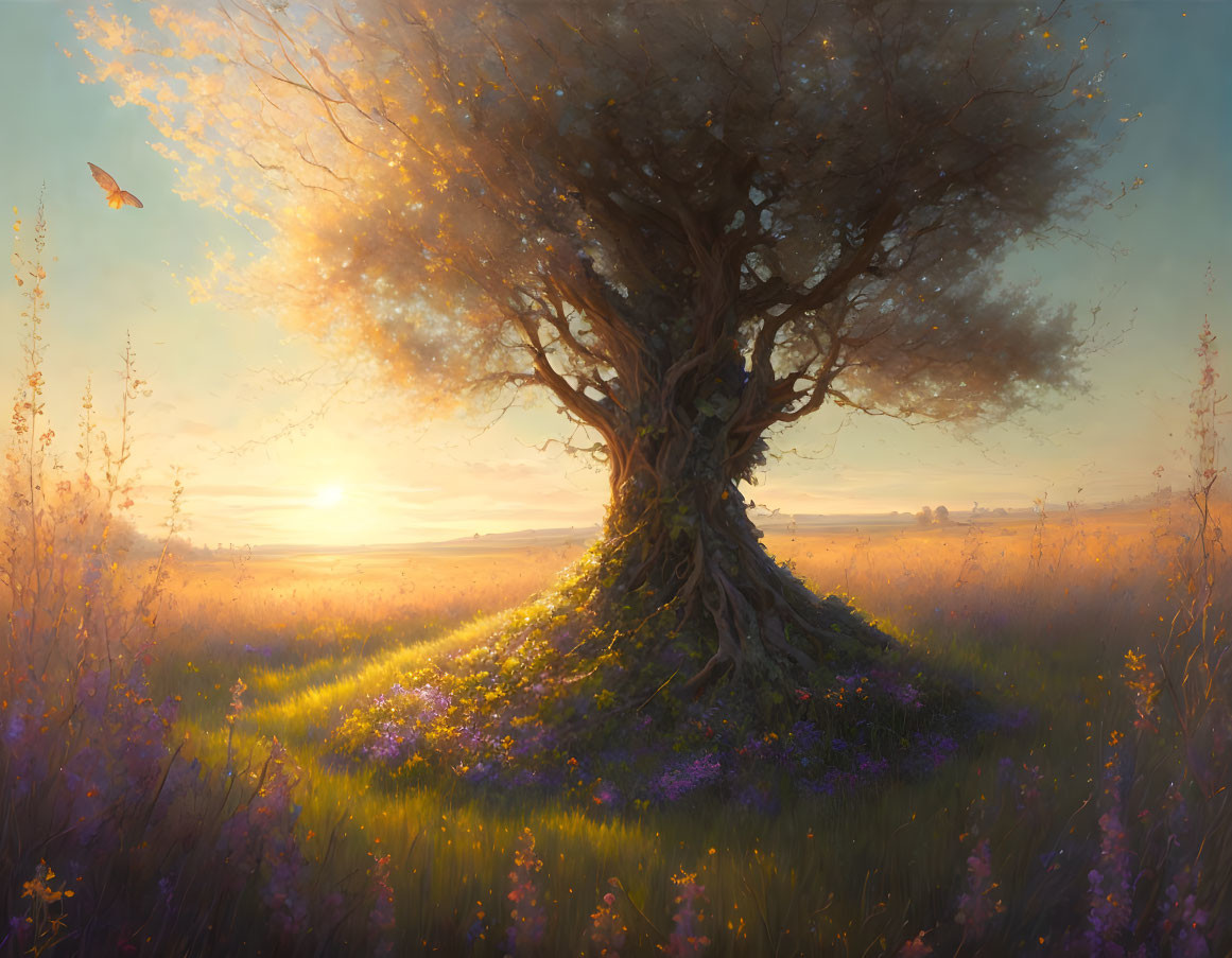 Majestic tree in field of wildflowers at sunset with butterfly