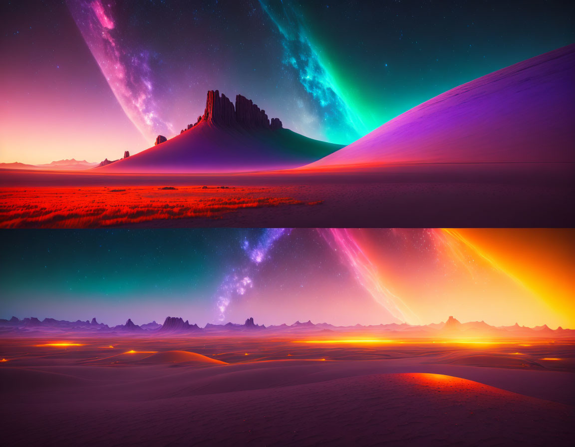 Digital artwork of desert landscape with colorful auroras