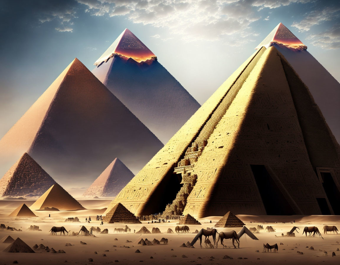 Glowing peak pyramids in desert with camels at dusk