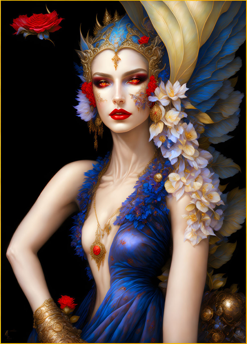 Elaborate blue and gold headdress on woman with red and white makeup