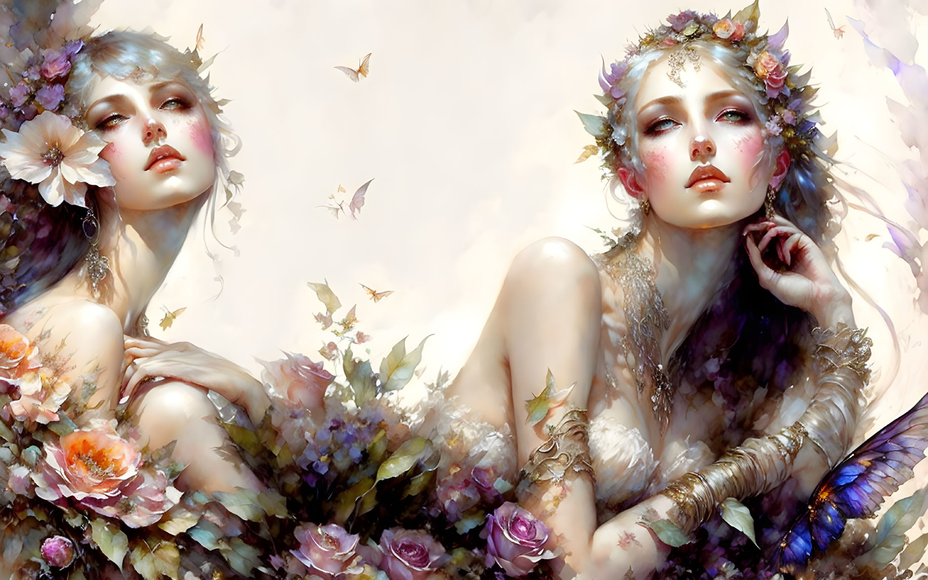 Ethereal women with floral wreaths and butterflies in pastel artwork