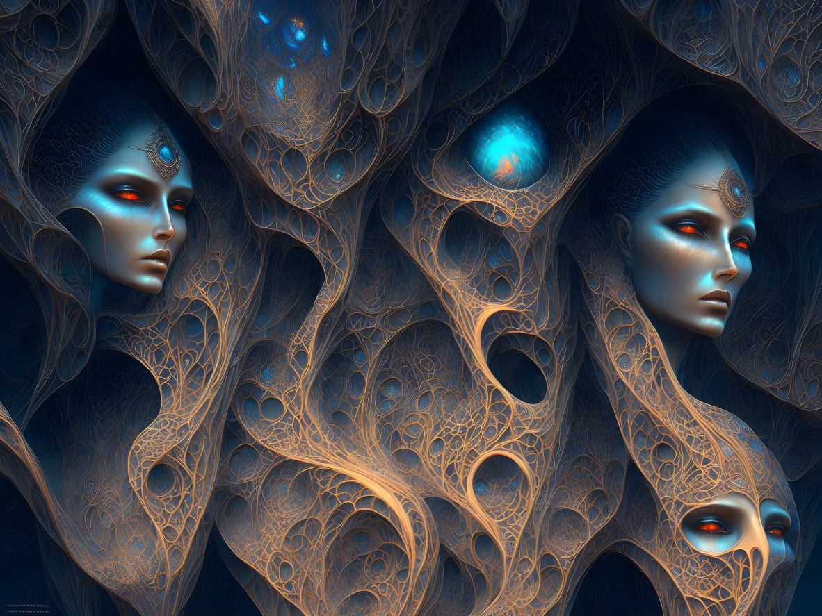 Surreal Artwork: Three Faces in Blue and Copper Fractal Patterns