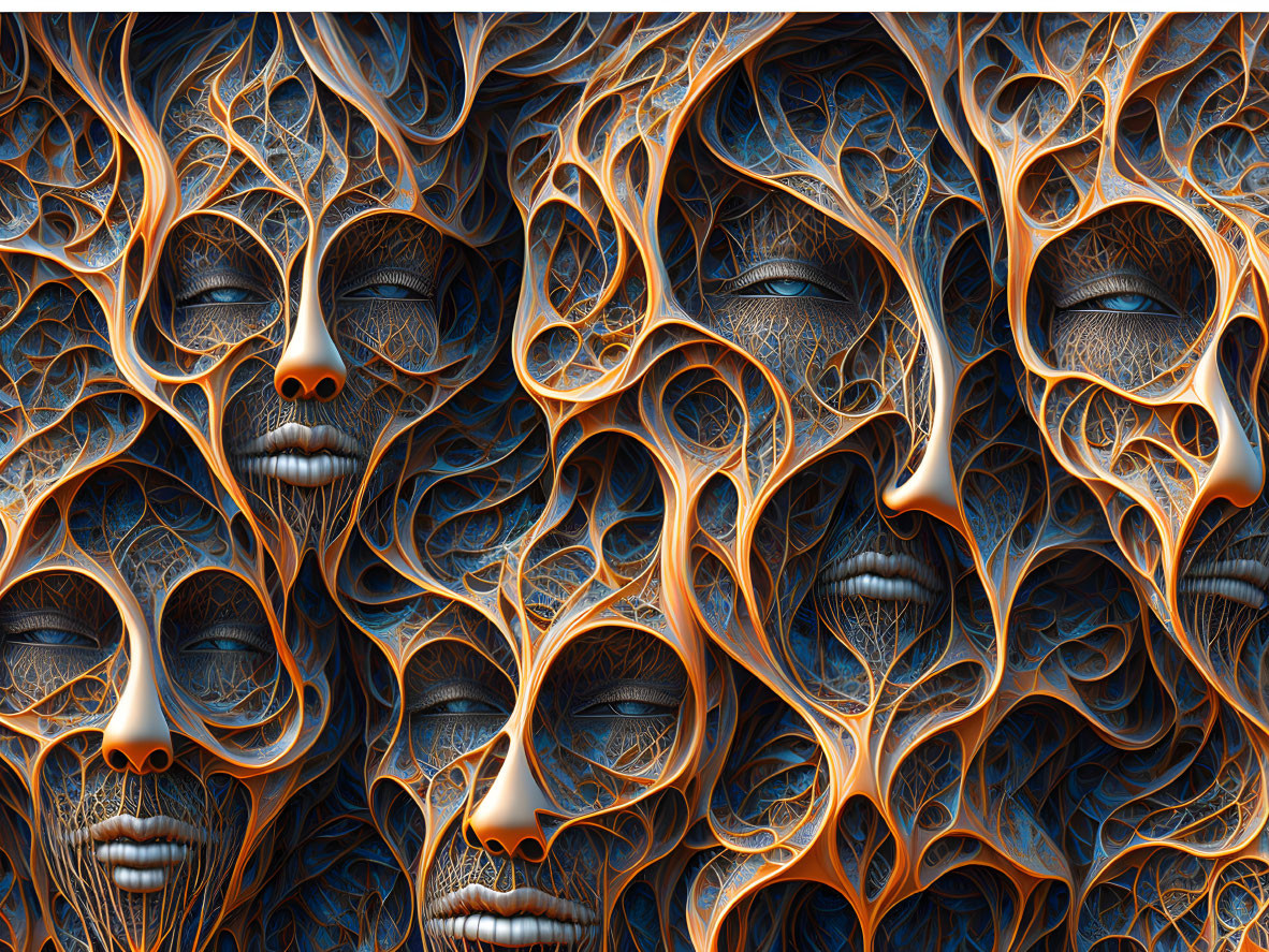 Multilayered faces in blue and orange fractal pattern