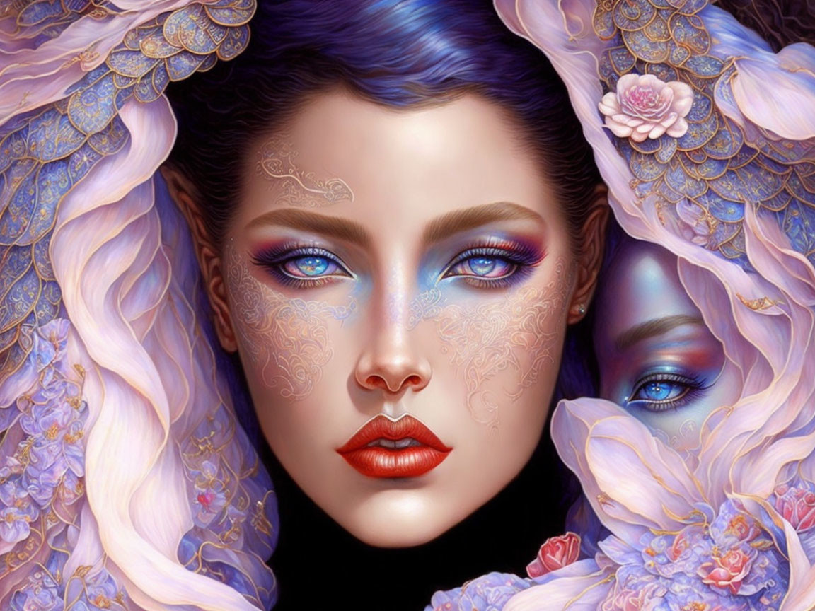 Vibrant digital portrait of a woman with blue hair and floral patterns