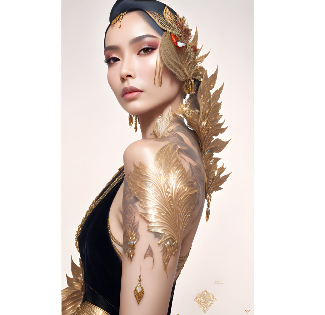 Woman in Black Outfit with Golden Leaf Accessories and Headscarf gazing over shoulder