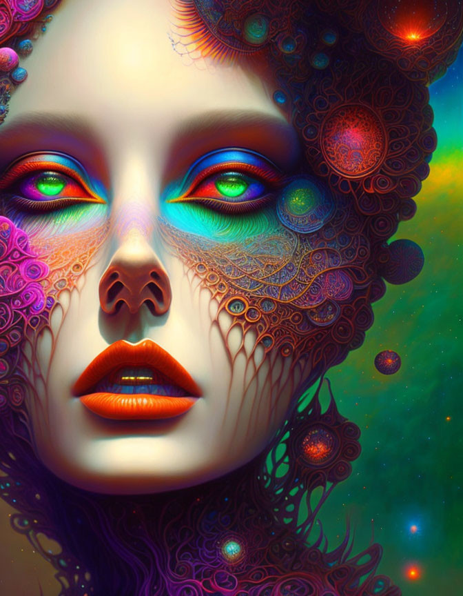 Colorful digital art portrait of woman with cosmic elements and intricate patterns.