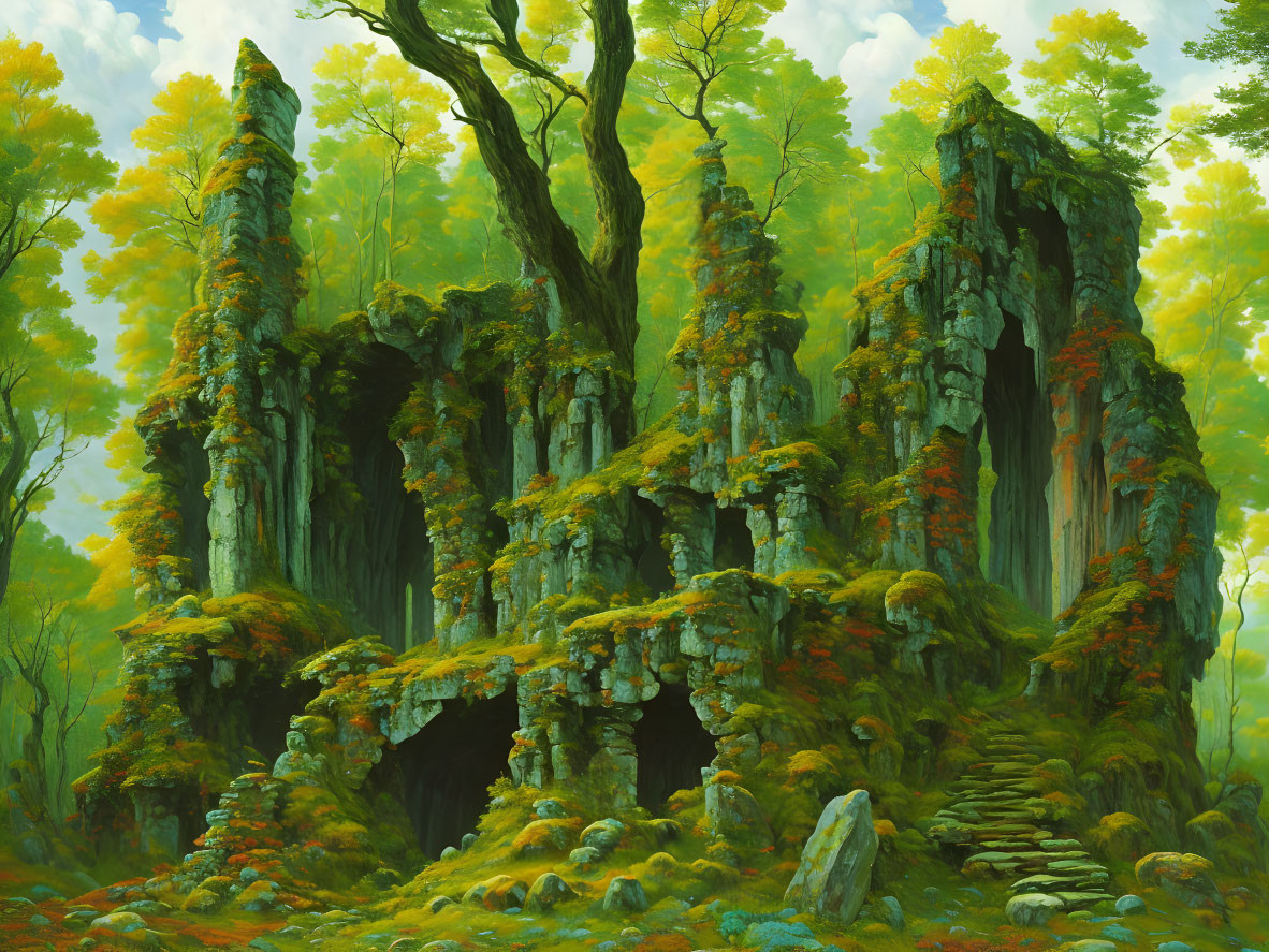 Moss-Covered Rock Formations in Enchanting Forest