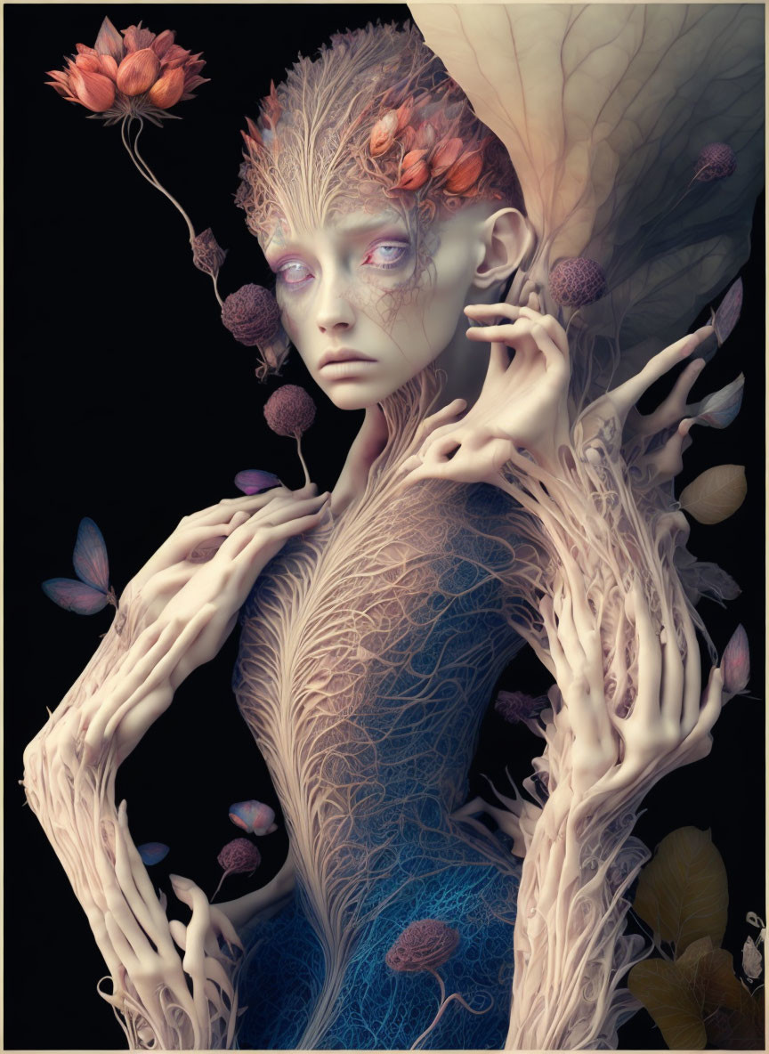 Surreal humanoid figure with plant features and butterflies on dark background
