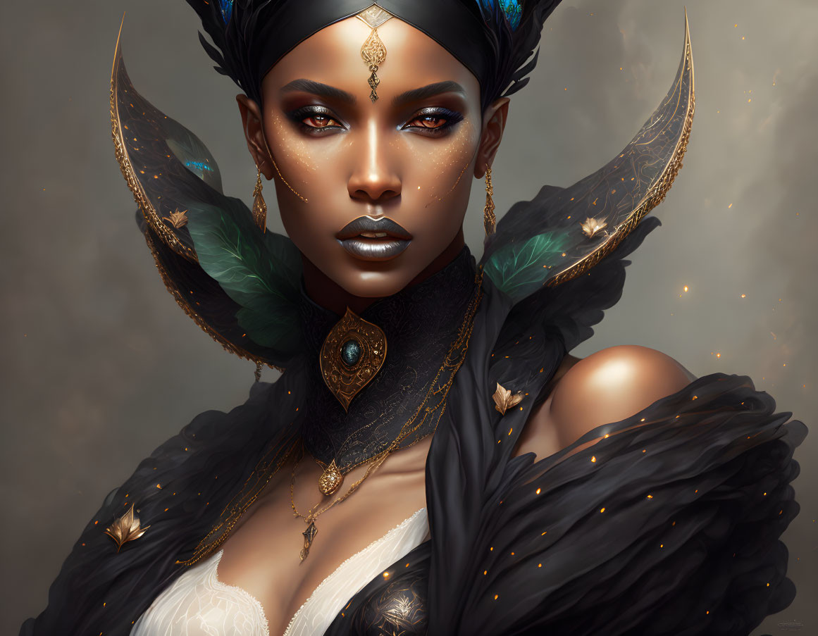 Illustration of woman with dark skin, gold jewelry, feathered headwear, and dark cloak