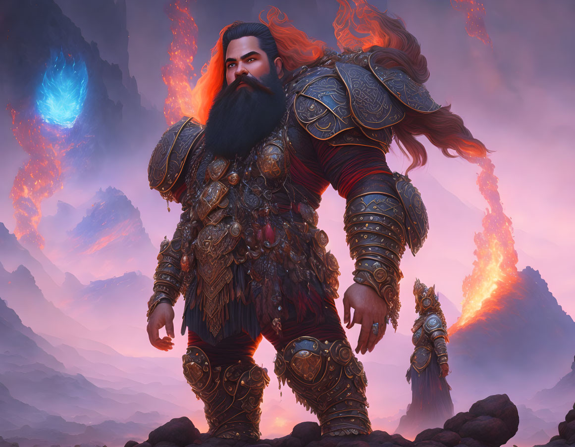 Majestic dwarf warrior with flaming hair in intricate armor.