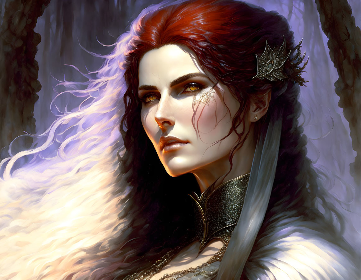 Fantasy female character with red hair, fair skin, green eyes, fur cloak, and decorative ear