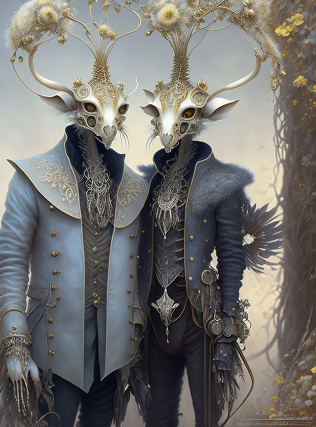 Ornate skull-headed creatures in blue jackets with silver details