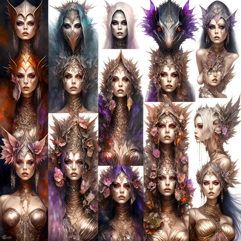 Fantasy portrait collage with intricate headdresses: feather, floral, armor-like elements